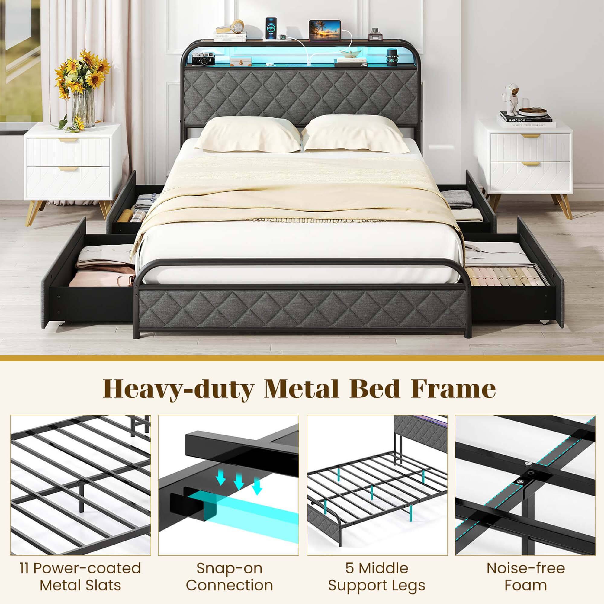 The text on the image reads: "Heavy-duty Metal Bed Frame 11 Power-coated Snap-on Metal Slats Connection 5 Middle Support Legs Noise-free Foam."