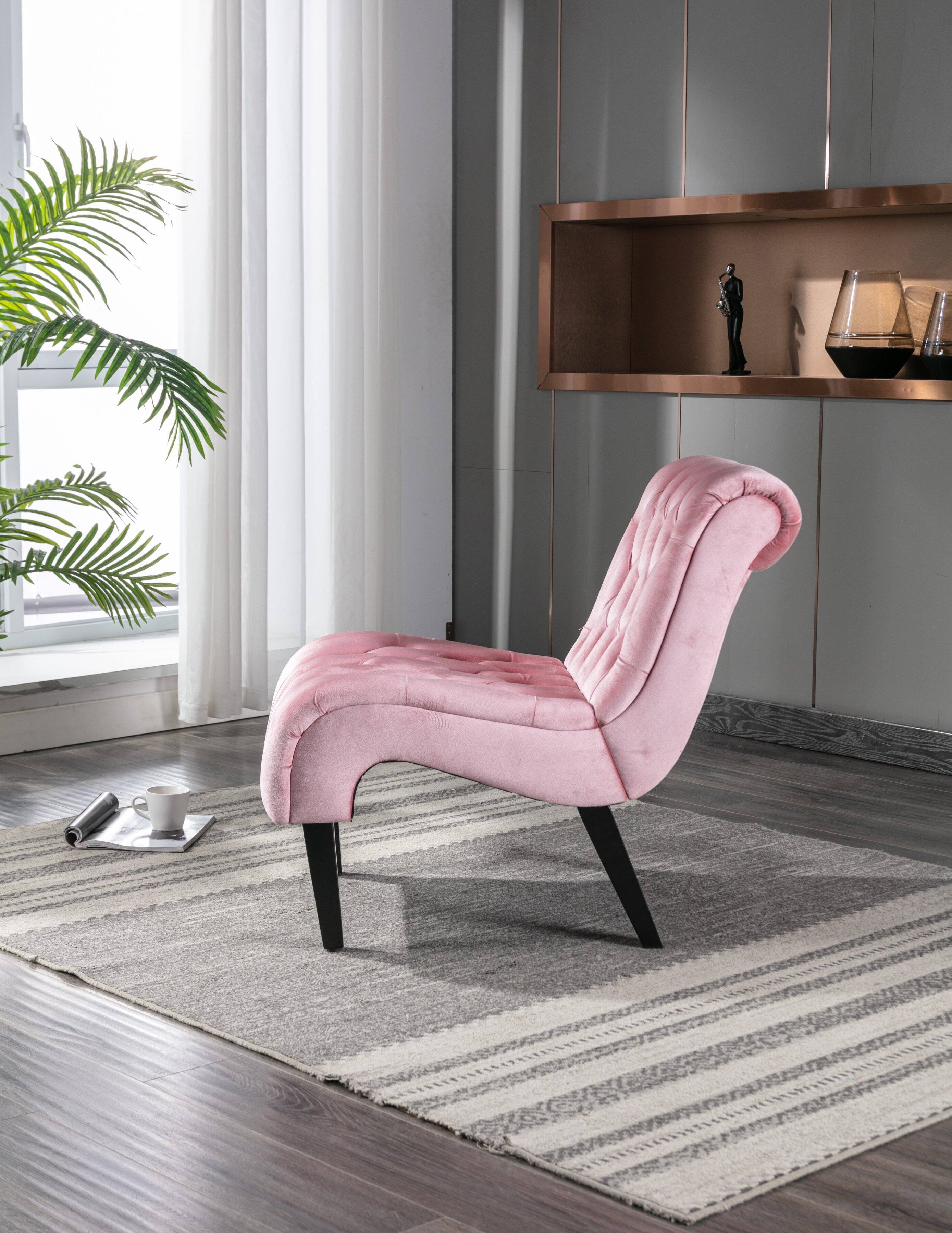 Left. Trinkets Crazed - Velvet Accent Lounge Chair for Living Room, Modern Leisure Chair with Tufted Backrest, Indoor Armless Side Chair - Pink.