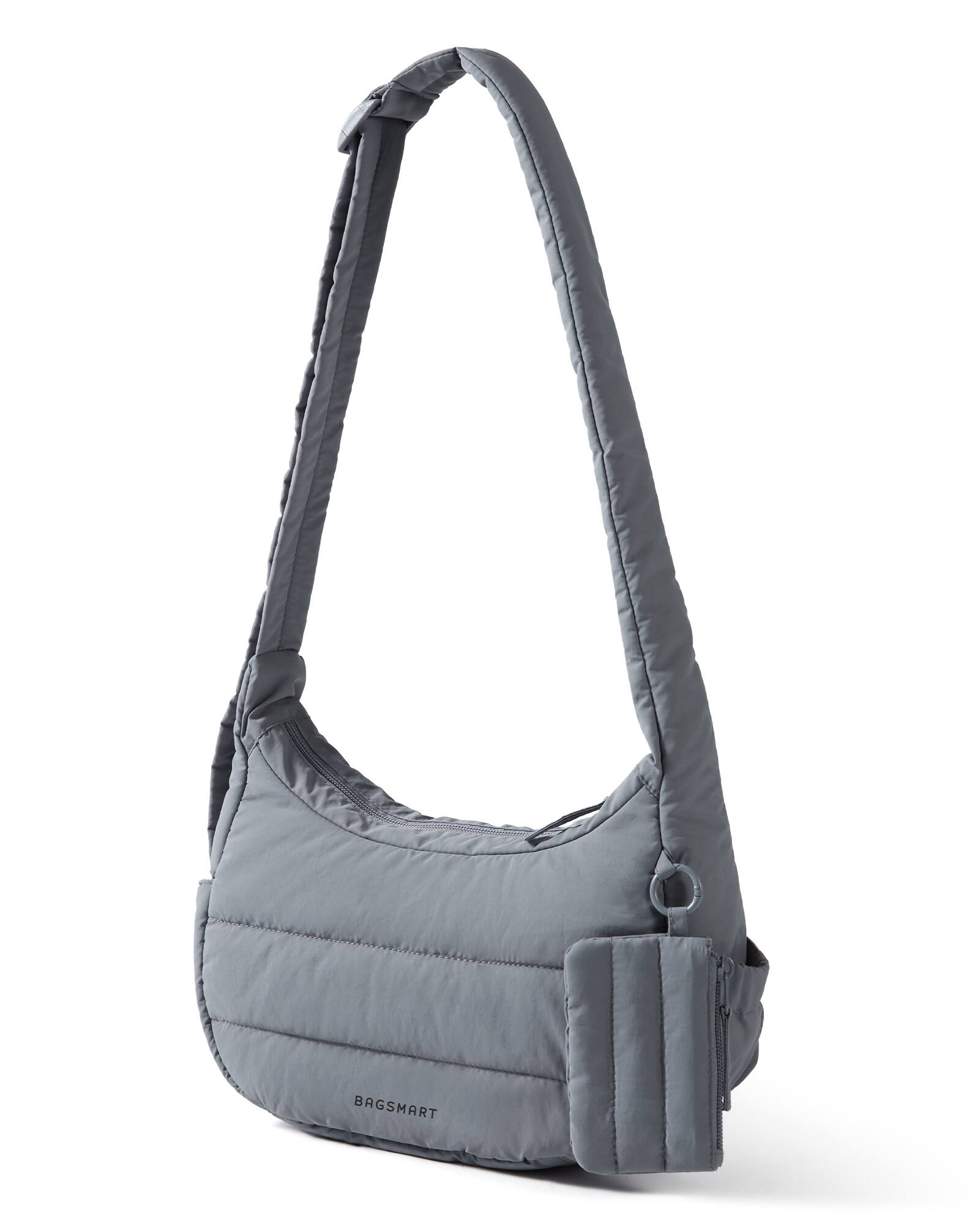 Angle. Bagsmart - Compact Puffer Crossbody Hobo Bag, 3-Way Carry Sling with Expandable Water Bottle Pocket for Travel & Daily Use - Gray.