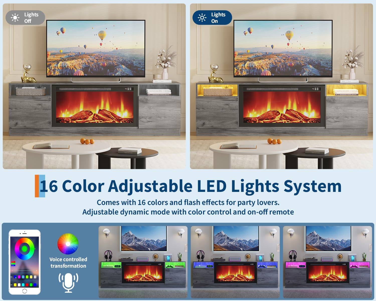 Lights Off Lights On

16 Color Adjustable LED Lights System  
Comes with 16 colors and flash effects for party lovers.  
Adjustable dynamic mode with color control and on-off remote

Voice controlled transformation