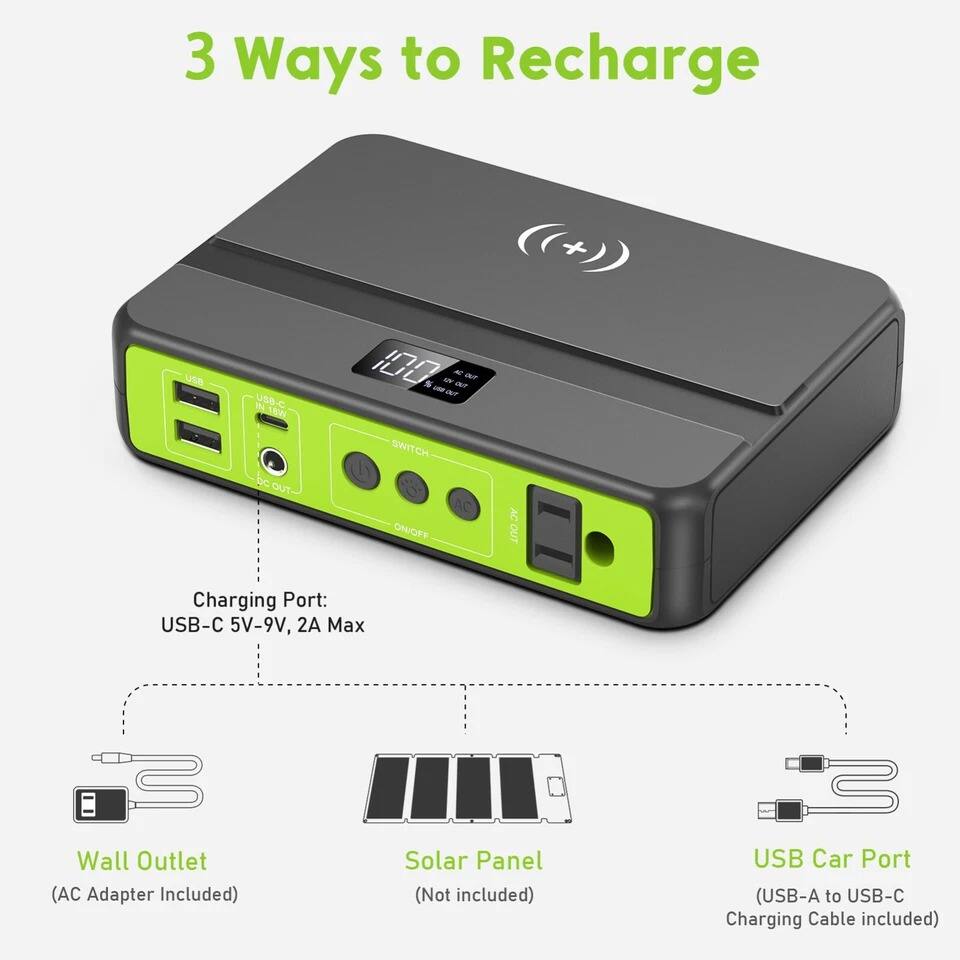 3 Ways to Recharge

Charging Port: USB-C 5V-9V, 2A Max

Wall Outlet (AC Adapter Included)

Solar Panel (Not included)

USB Car Port (USB-A to USB-C Charging Cable included)