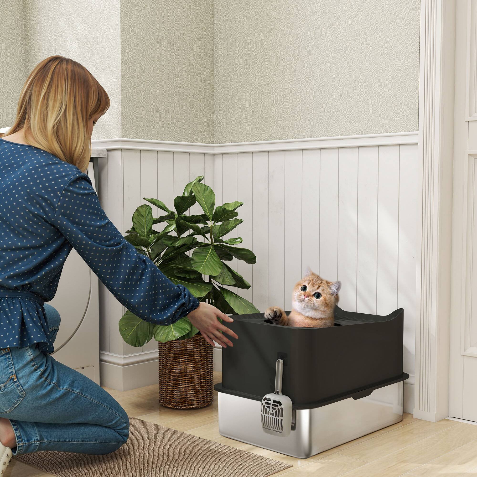 Angle. Pawhut - XL Litter Box, Enclosed Cat Litter Pan with High Wall Sides,  Top Entrance, Anti-Urine Leakage, Non-Sticky - Black.