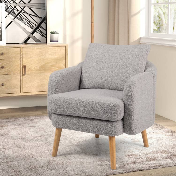 Angle. Hivvago - Modern Grey Sherpa Fabric Upholstered Accent Chair with Wooden Legs - Grey.
