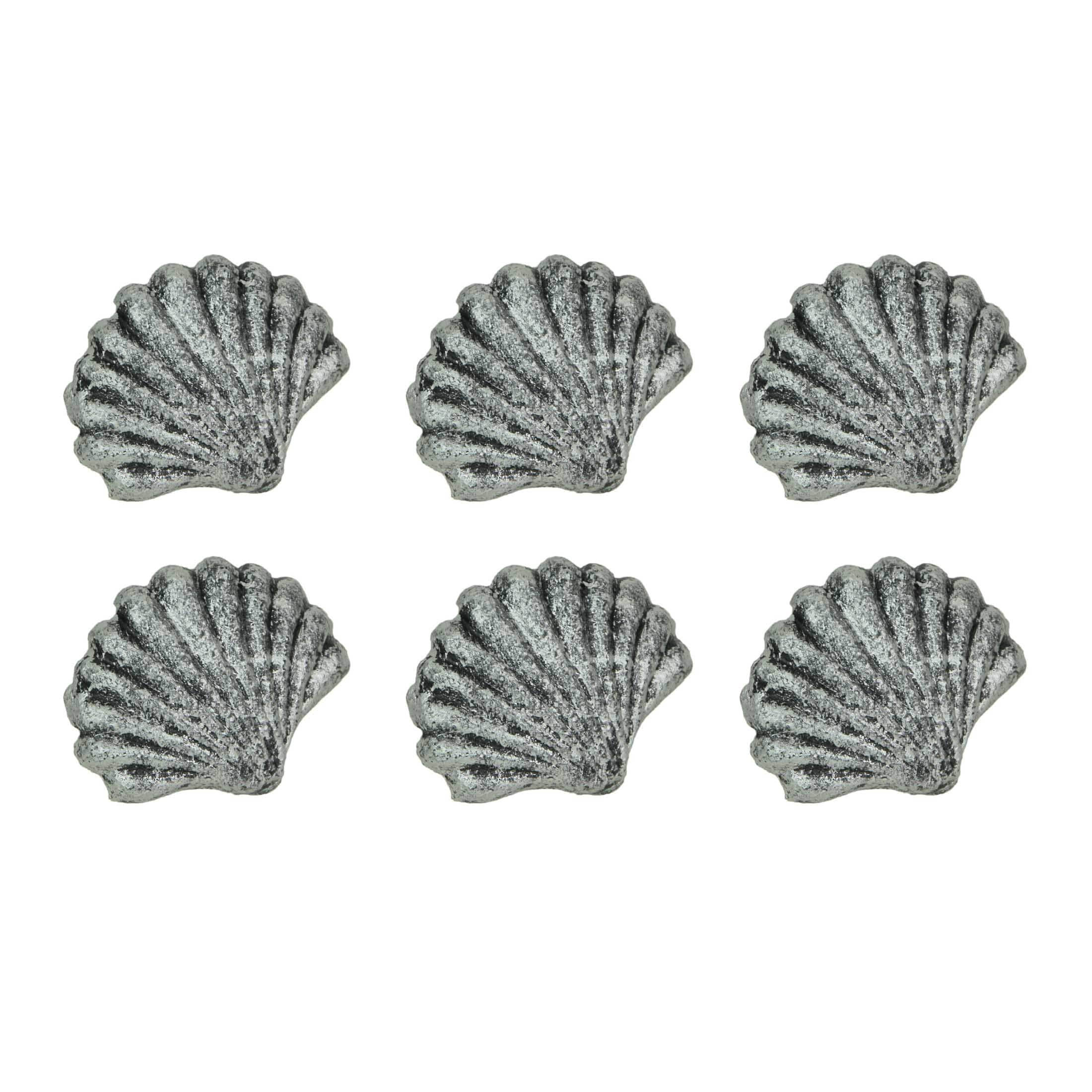 Zeckos - Set of 6 Cast Iron Scallop Sea Shell Drawer Pulls Nautical Cabinet Knobs - Silver