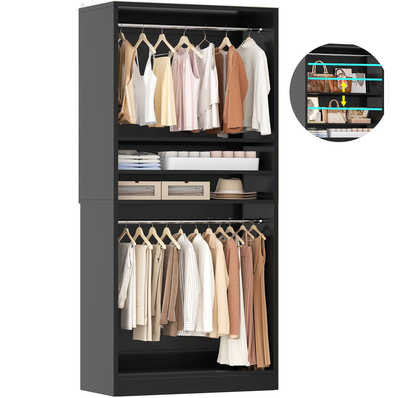 Alt View 2. Aheaplus - 36'' Upgraded Closet System, 3FT Freestanding Closet Organizer with 2 Hanging Rods and Adjustable Shelves, 600 LBS Load - Black.