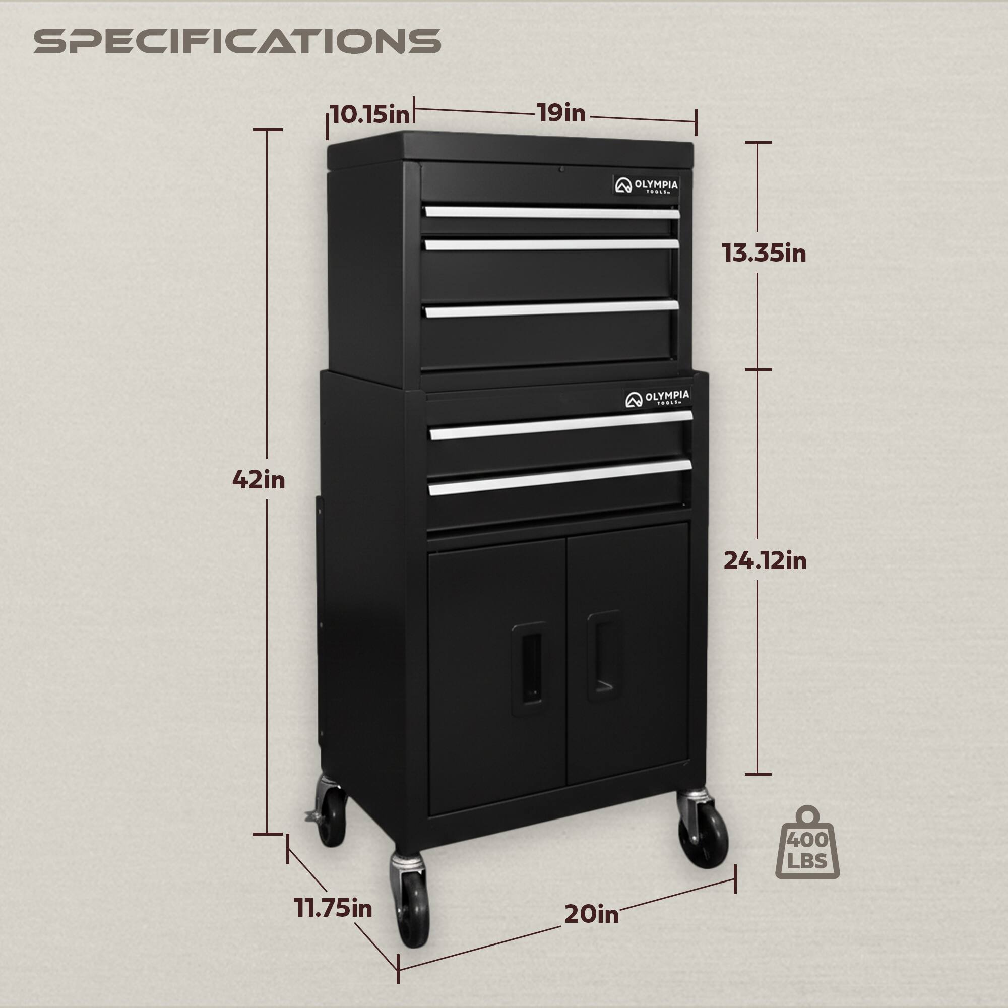 SPECIFICATIONS
10.15in
19in
OLYMPIA 14461s
13.35in
OLYMPIA 
42in
24.12in
400 LBS
11.75in
20in