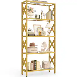 Aheaplus - 5-Tier LED Display Bookshelf - Tempered Glass Storage Rack with Heavy-Duty Metal Frame for Living Room, Office - Gold
