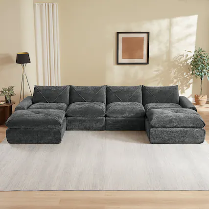 Front. Loheer - Loheer Modern Minimalist Chenille Sectional Sofa Oversized Modular Couch with Ottoman for Large Living Rooms - Dark Gray.