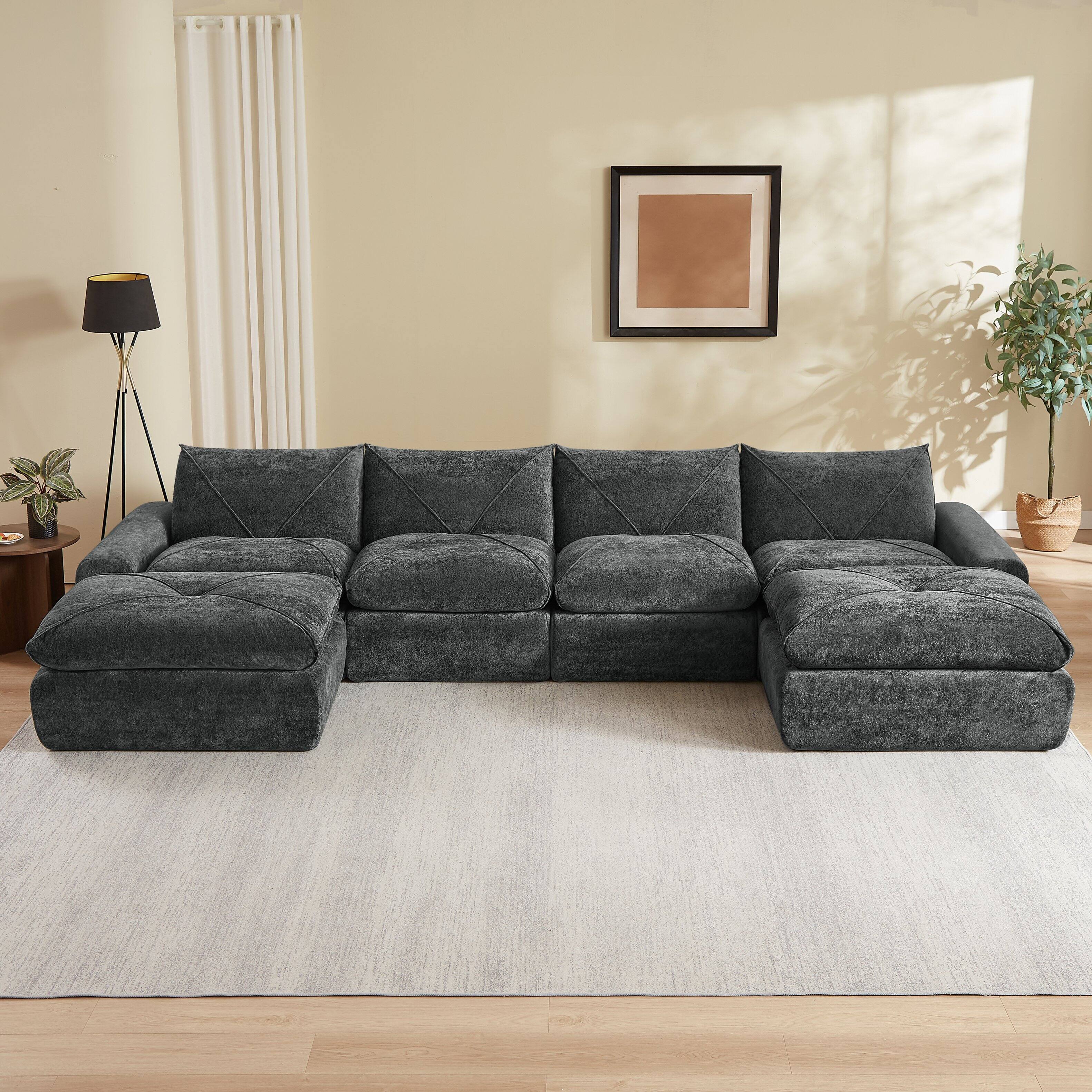 Front. Loheer - Loheer Modern Minimalist Chenille Sectional Sofa Oversized Modular Couch with Ottoman for Large Living Rooms - Dark Gray.