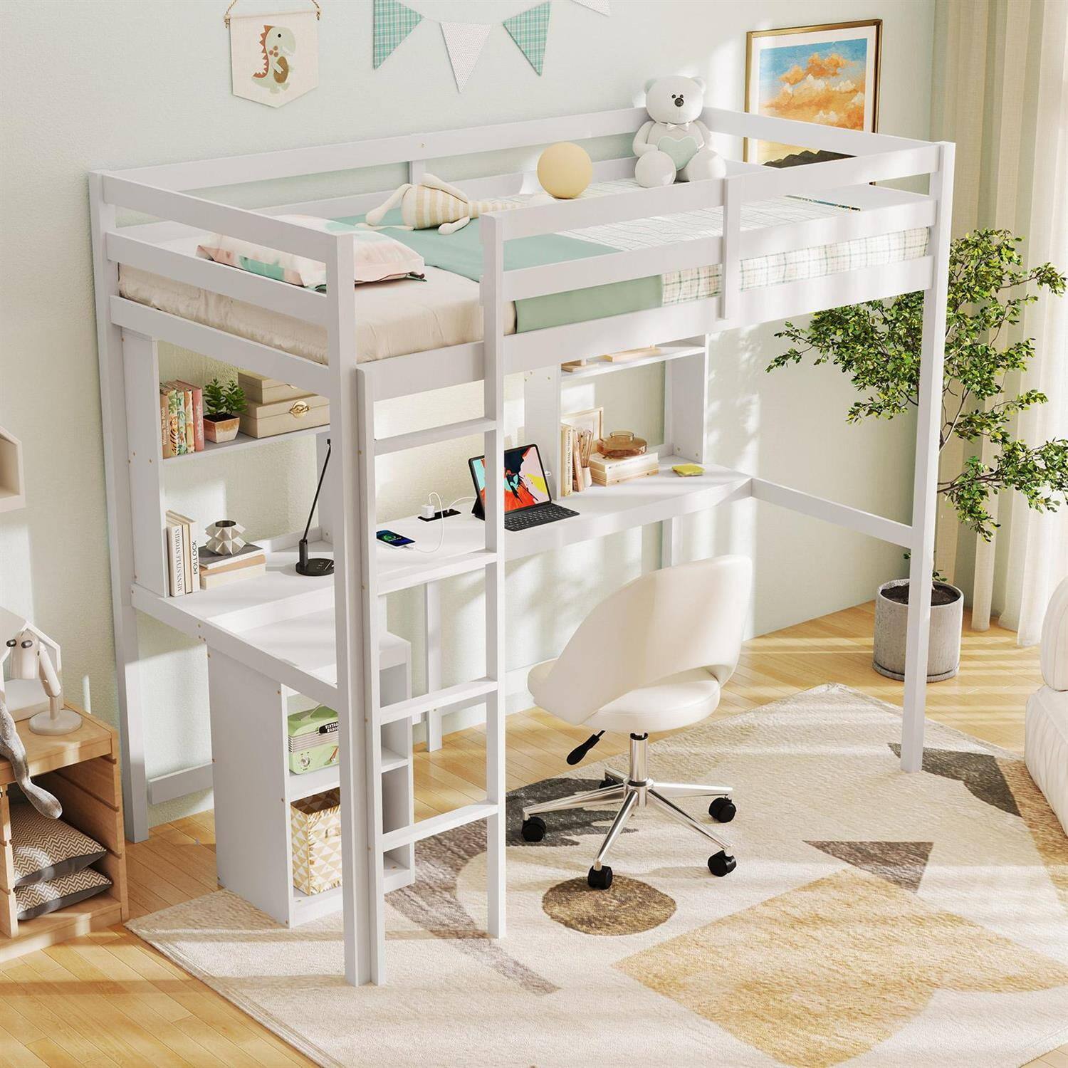 Alt View 3. Pefilos - Twin Size Loft Bed, LED Light & Built-in Desk, Recessed Power Strip, Bookcases & Storage Cabinet, Kits & Guardrails - White.