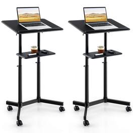Costway - 2 PCS Mobile Lectern Podium with Tilting Top Storage Tray Lockable Casters - Black