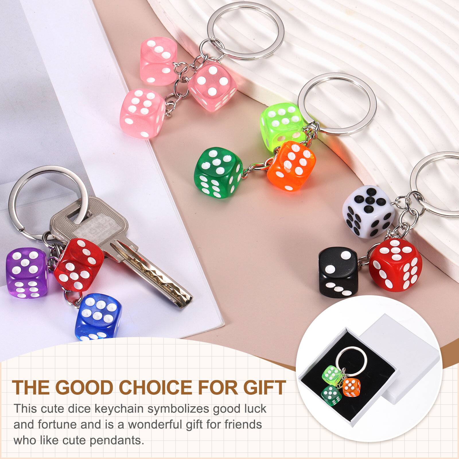 THE GOOD CHOICE FOR GIFT

This cute dice keychain symbolizes good luck and fortune and is a wonderful gift for friends who like cute pendants.