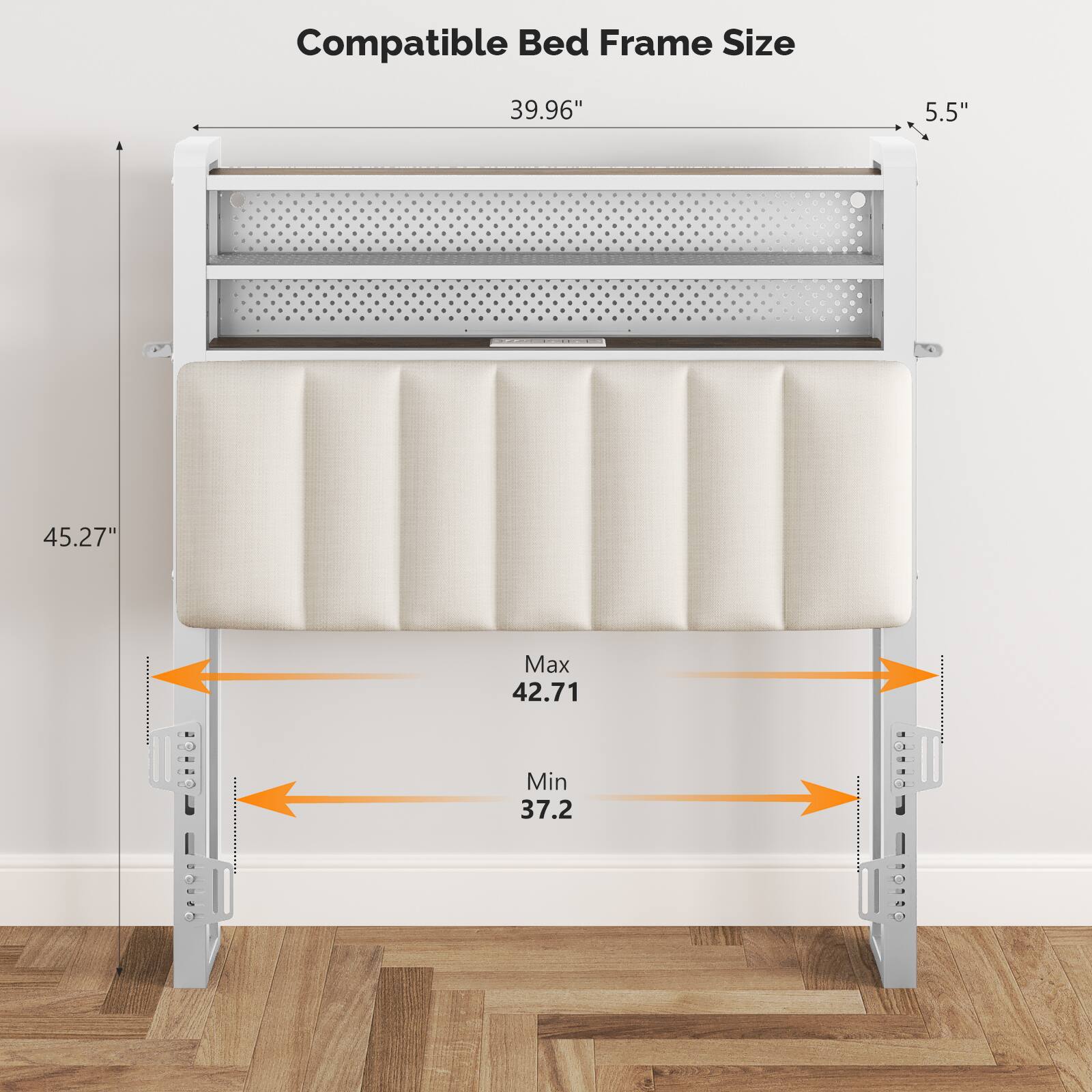 Compatible Bed Frame Size

39.96" x 5.5" x 45.27"

Max 42.71" Min 37.2"