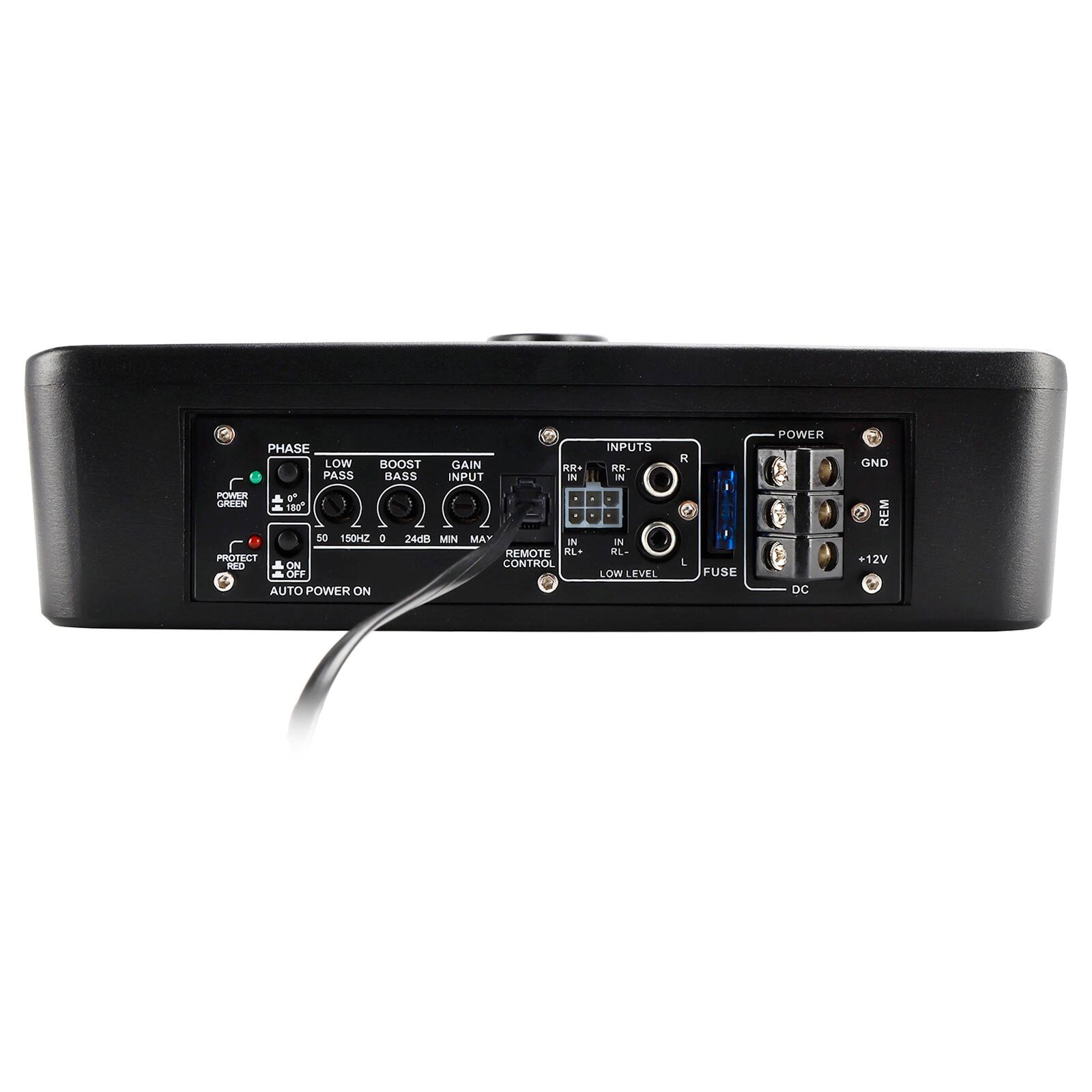 PHASE LOW PASS BASS BOOST GAIN INPUT IN POWER GREEN 180° 150HZ 0 24dB MIN MAX REMOTE CONTROL ON OFF AUTO POWER ON INPUTS RR IN RL IN RL LOW LEVEL FUSE POWER DC GND REM 12V
