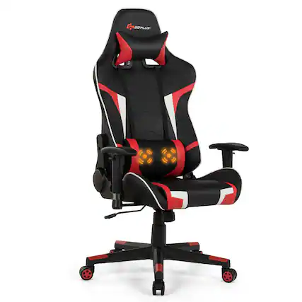 Front. Costway - Racing Massage Gaming Chair with Lumbar Support - Red + Black.