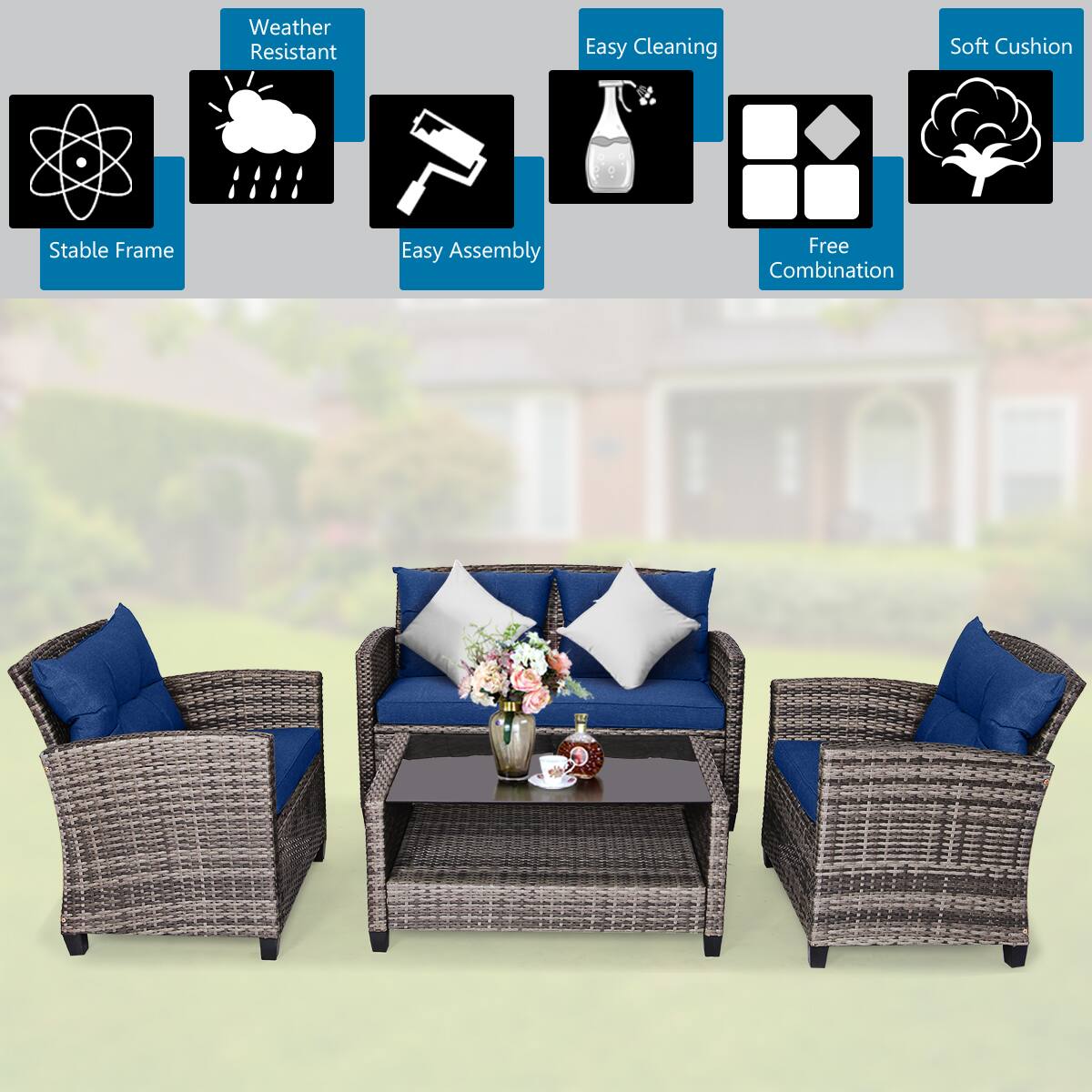 Weather Resistant, Stable Frame, Easy Assembly, Easy Cleaning, Soft Cushion, Free Combination