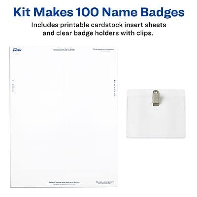 Kit Makes 100 Name Badges  
Includes printable cardstock insert sheets and clear badge holders with clips.  

AVERY