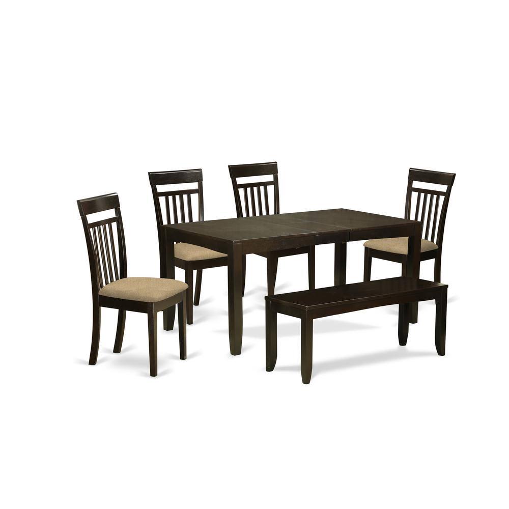 Left. East West Furniture - LYCA6-CAP-C 6 Pc Kitchen Table with bench-Kitchen Tables with Leaf and 4 Kitchen Dining Chairs plus Bench - Cappuccino.