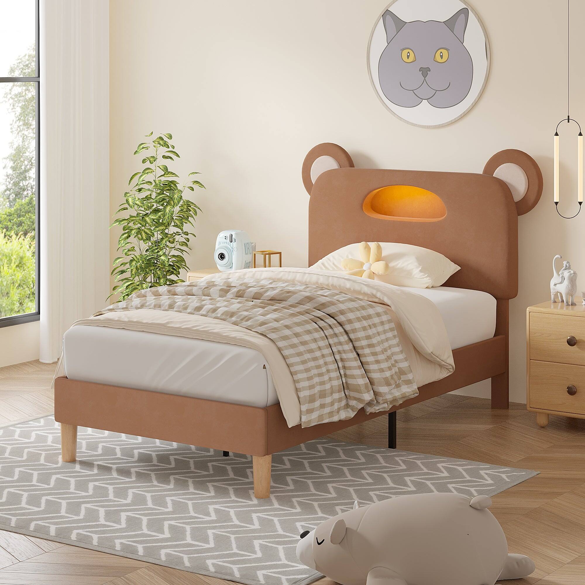 Back. Vecelo - Kids Princess Bed Frame with Crown Headboard, Upholstered Velvet Twin Bed for Girls - Retro Brown.