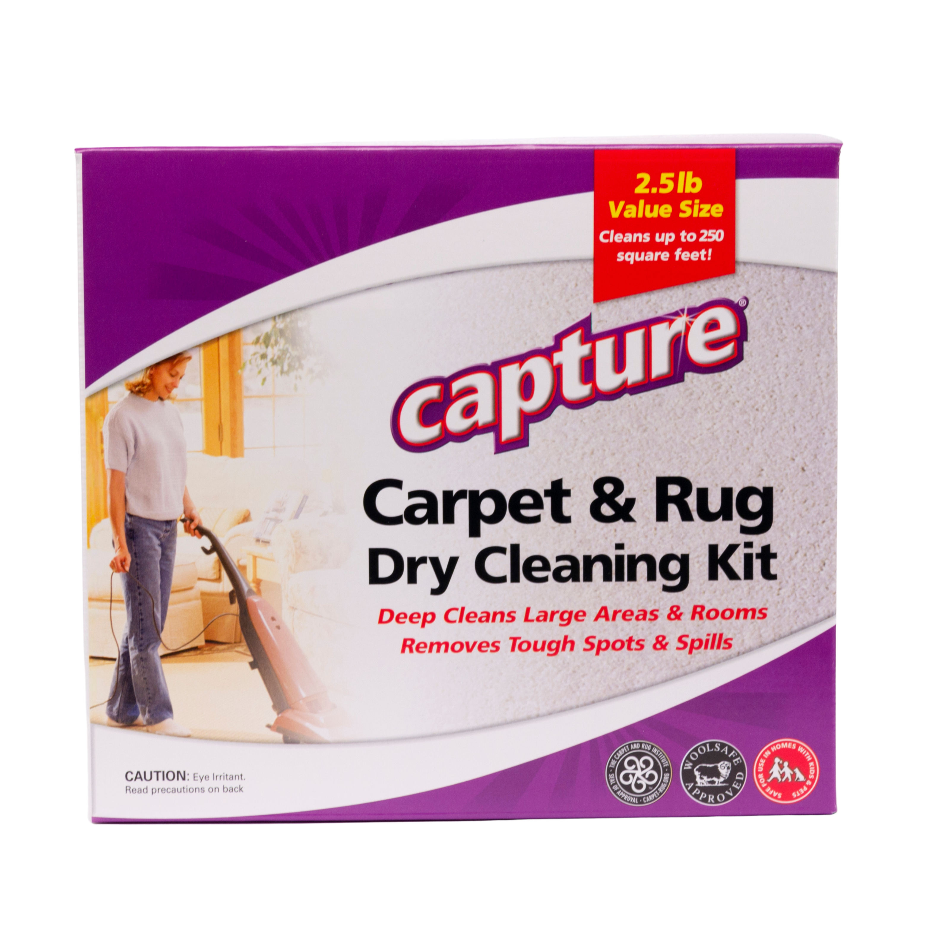 2.5lb Value Size  
Cleans up to 250 square feet!  

Capture  
Carpet & Rug Dry Cleaning Kit  

Deep Cleans Large Areas & Rooms  
Removes Tough Spots & Spills  

CAUTION: Eye Irritant  
Read precautions on back  

BIO-DEGRADABLE  
FOOLSAFE  
HOME PRO