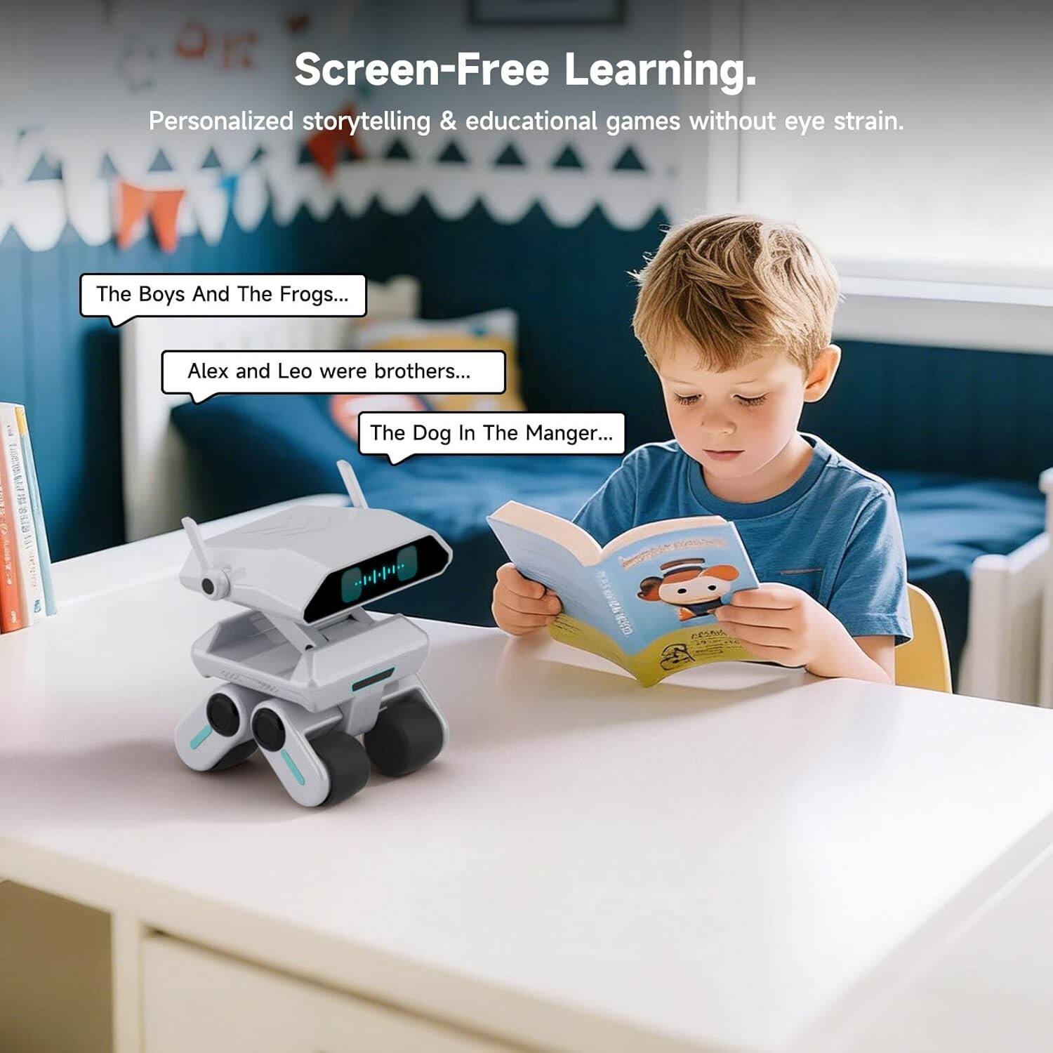 Screen-Free Learning.  
Personalized storytelling & educational games without eye strain.

The Boys And The Frogs...  
Alex and Leo were brothers...  
The Dog In The Manger...