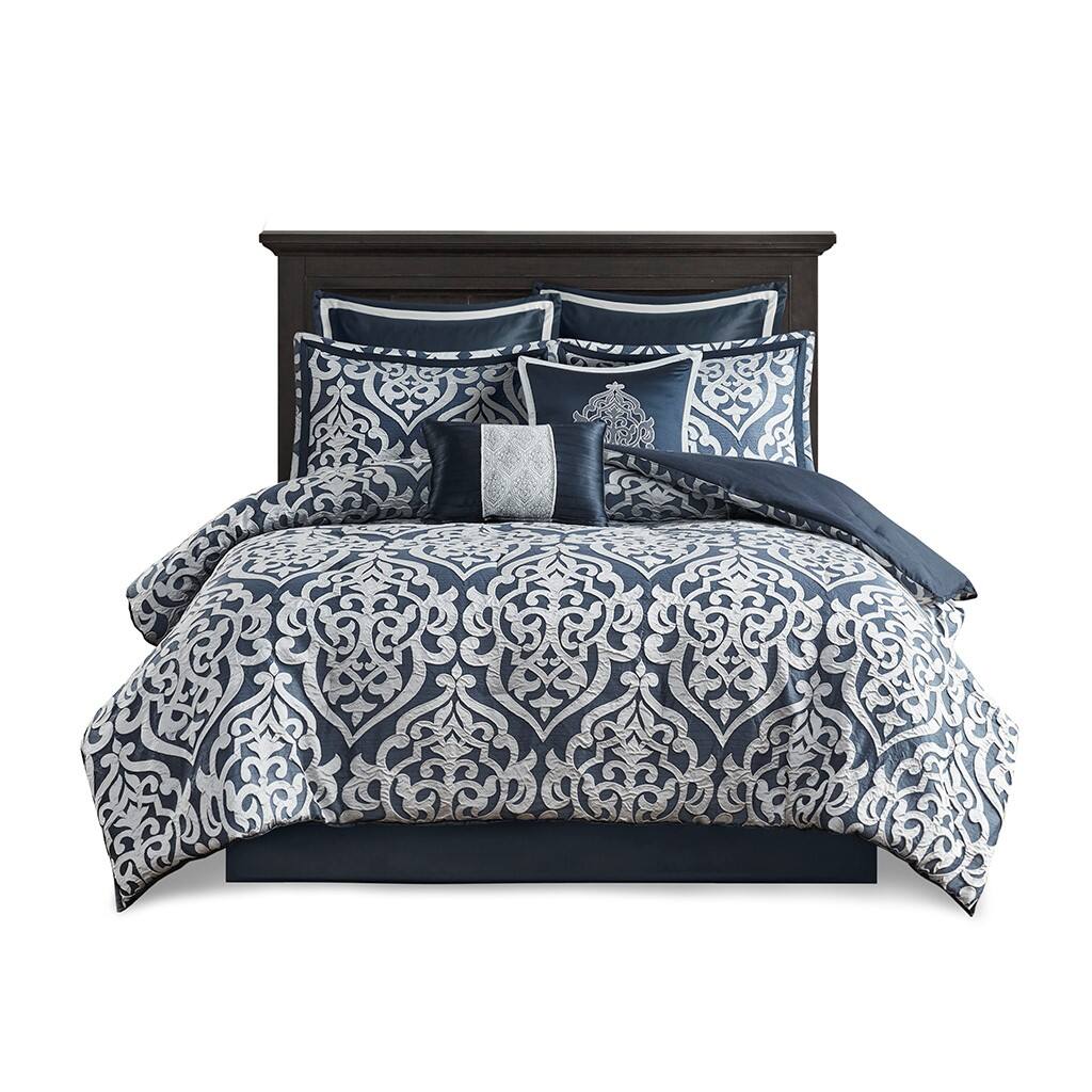 Alt View 1. TinyHomie - 8 Piece Jacquard Comforter Set Navy/Silver Queen - Navy and Silver.