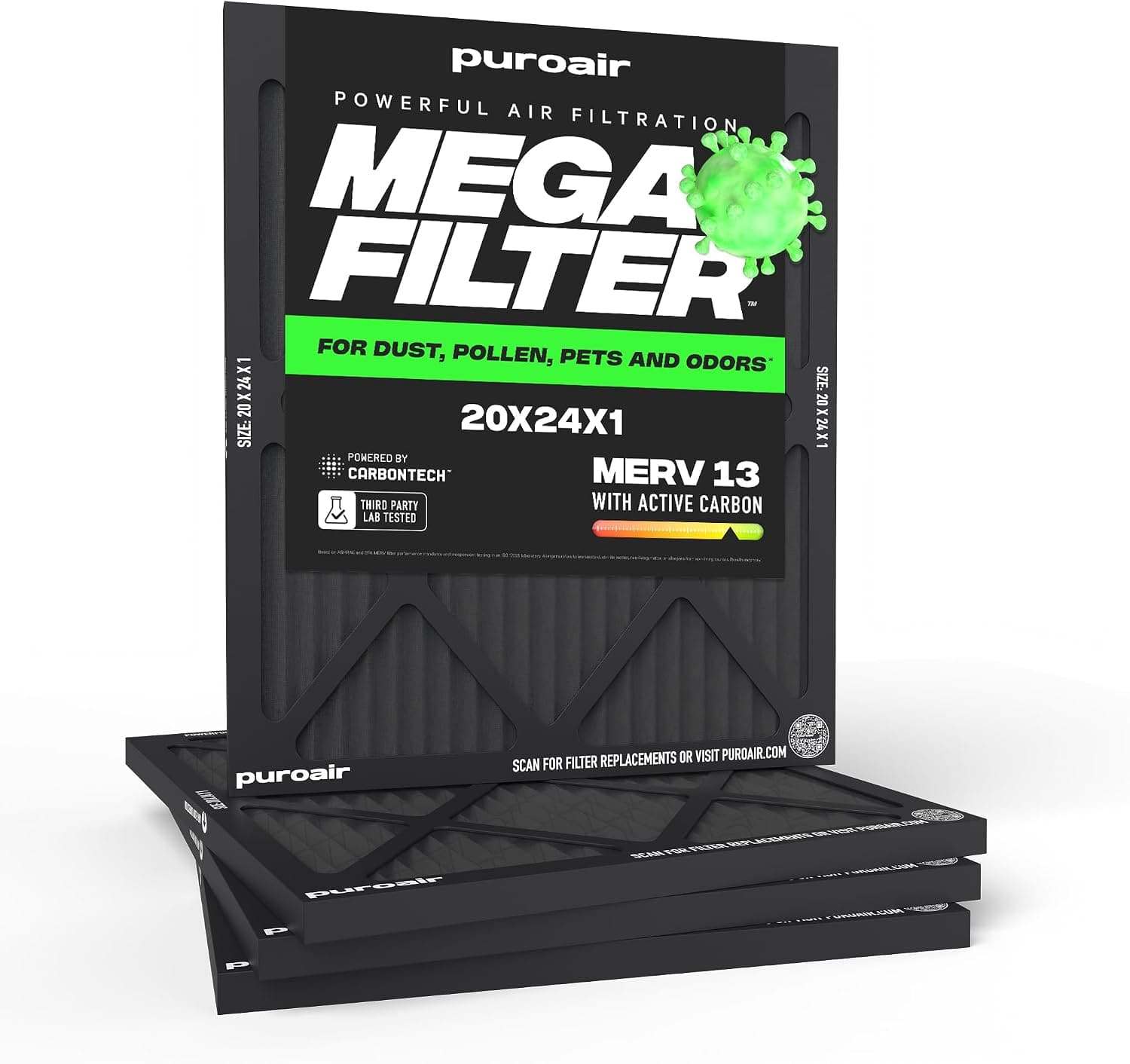 PuroAir - 20x24x1 HVAC Mega Filter MERV 13 Pleated Plus Activated Carbon Air Filter (4-Pack) - Black