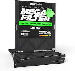 PuroAir - 20x24x1 HVAC Mega Filter MERV 13 Pleated Plus Activated Carbon Air Filter (4-Pack) - Black