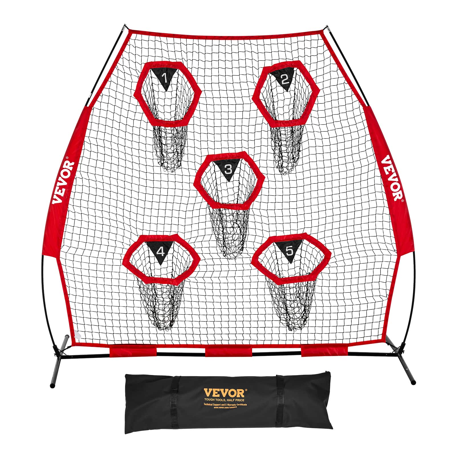 VEVOR - 7 x 7 ft Football Trainer Throwing Net, Training Throwing Target Practice Net with 5 Target Pockets, Knotless Net - Red
