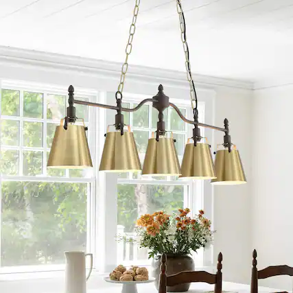 Front. RYHNUYNE - 5-Light Linear Chandelier 47 Inch Large Kitchen Island Pendant Light with Flared Shades Dimmable Farmhouse Lighting - Gold.
