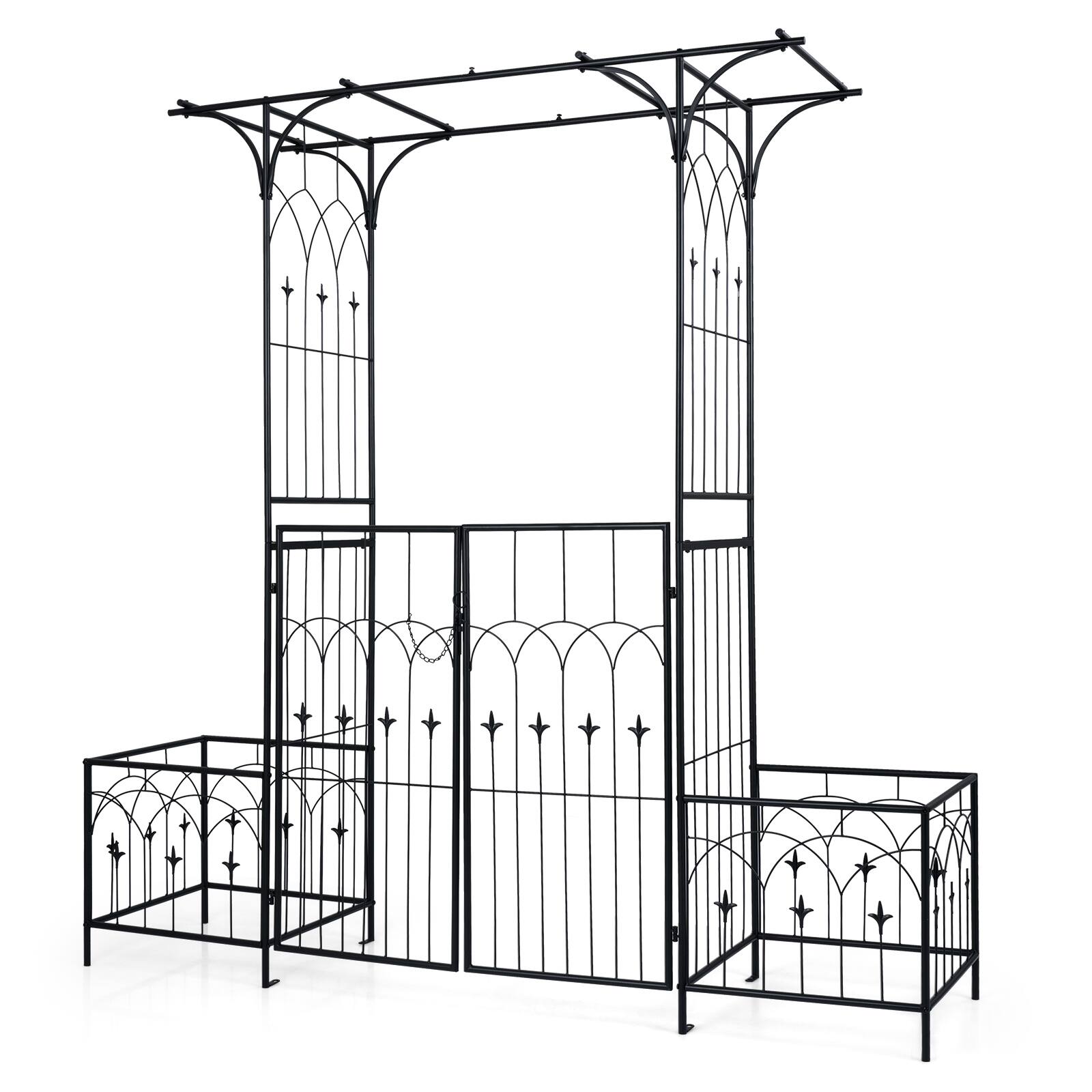 Alt View 9. Gymax - Gymax 81'' Garden Arbor w/Gate & Planter Boxes w/Side Trellis for Climbing Plants - Black.