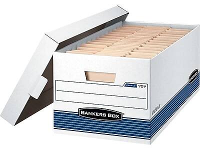 Bankers Box - Medium-Duty FastFold Corrugated File Storage Boxes, Lift-Off Lid, 24" Legal Size/Blue, 4/Carton - White and Blue