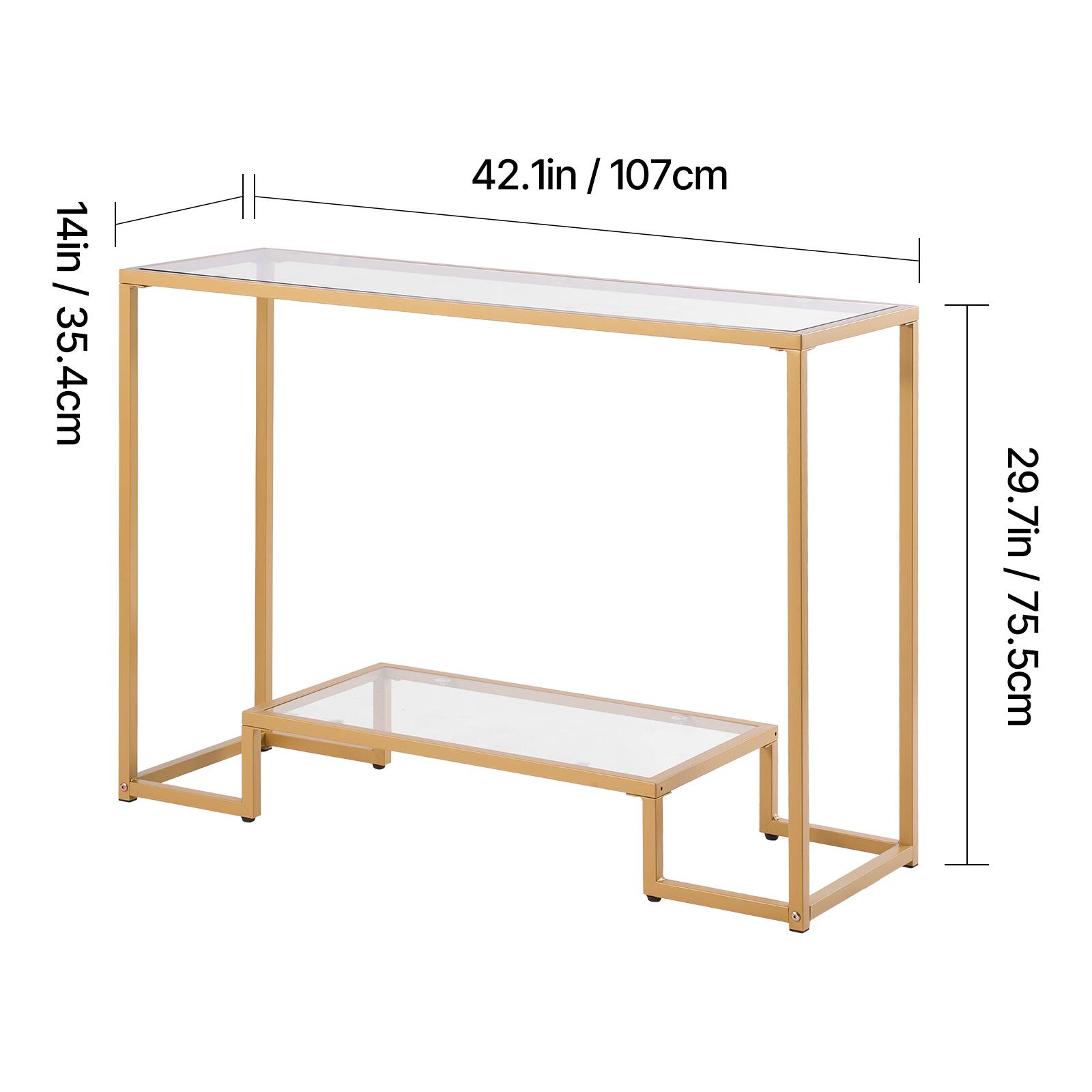 14in / 35.4cm, 42.1in / 107cm, 29.7in / 75.5cm