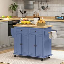 Kadyn - Rolling Kitchen Island with Rubberwood Top, Spice Rack and Storage Drawers, Navy - Blue