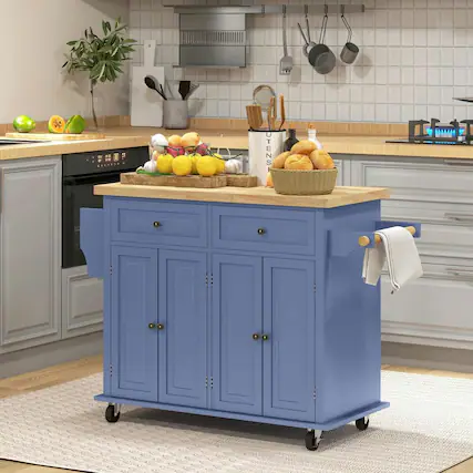 Front. Kadyn - Rolling Kitchen Island with Rubberwood Top, Spice Rack and Storage Drawers, Navy Blue - Blue.