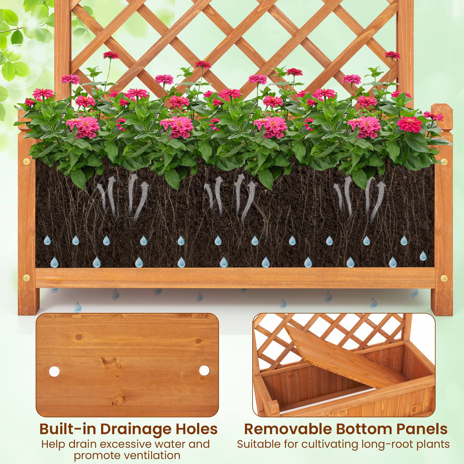 Built-in Drainage Holes  
Help drain excessive water and promote ventilation  

Removable Bottom Panels  
Suitable for cultivating long-root plants