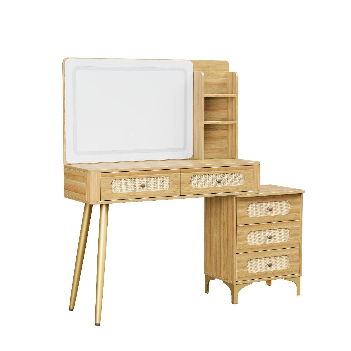 Alt View 3. Loheer - Loheer Makeup Vanity Desk with Mirror and Lights, Vintage Rattan Drawers, Natural Wood - Natural.
