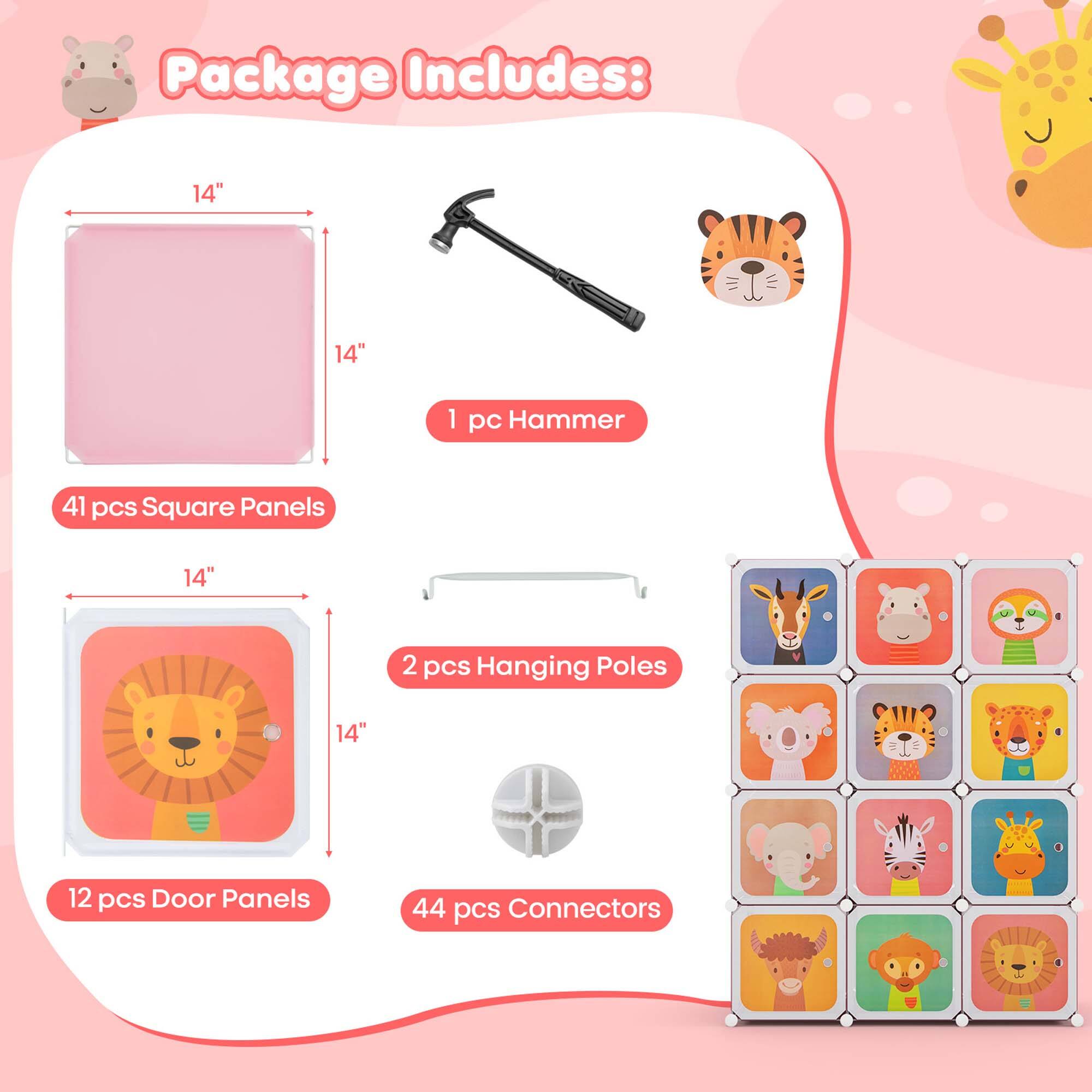 Package Includes:

- 1 pc Hammer
- 41 pcs Square Panels
- 2 pcs Hanging Poles
- 12 pcs Door Panels
- 44 pcs Connectors