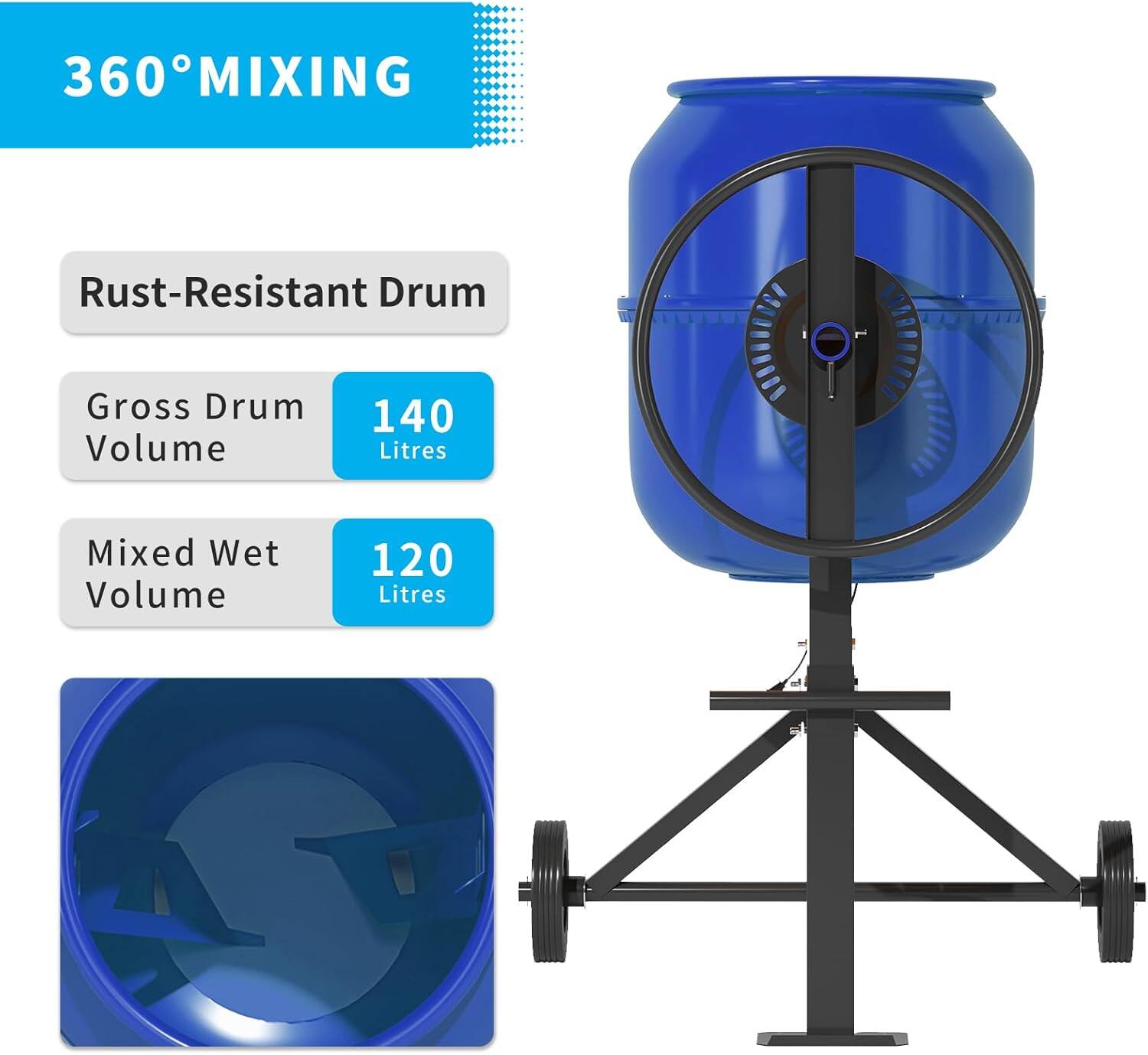 360° MIXING

Rust-Resistant Drum

Gross Drum Volume
140 Litres

Mixed Wet Volume
120 Litres