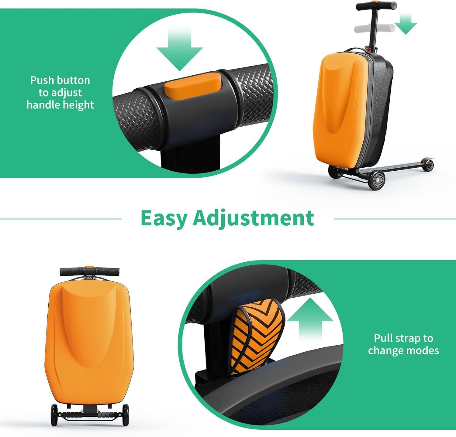 Easy Adjustment

- Push button to adjust handle height
- Pull strap to change modes