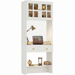 Aheaplus - 80" Bookcase with Desk and 2 Drawers, Tall Freestanding Bookshelf with Glass Door Display Cabinet and Workspace - Distressed White