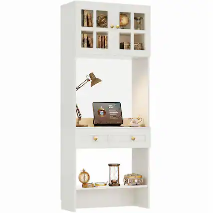 Front. Aheaplus - 80" Bookcase with Desk and 2 Drawers, Tall Freestanding Bookshelf with Glass Door Display Cabinet and Workspace - Distressed White.