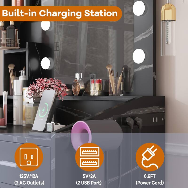 Built-in Charging Station

- 125V/12A (2 AC Outlets)
- 5V/2A (2 USB Ports)
- 6.6FT (Power Cord)