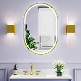 WELLFOR - 24 in x 36 in Oval Framed LED Bathroom Vanity Mirror with Anti-Fog, Wall-Mounted Mirror with Front and Backlit LED - Brushed Gold