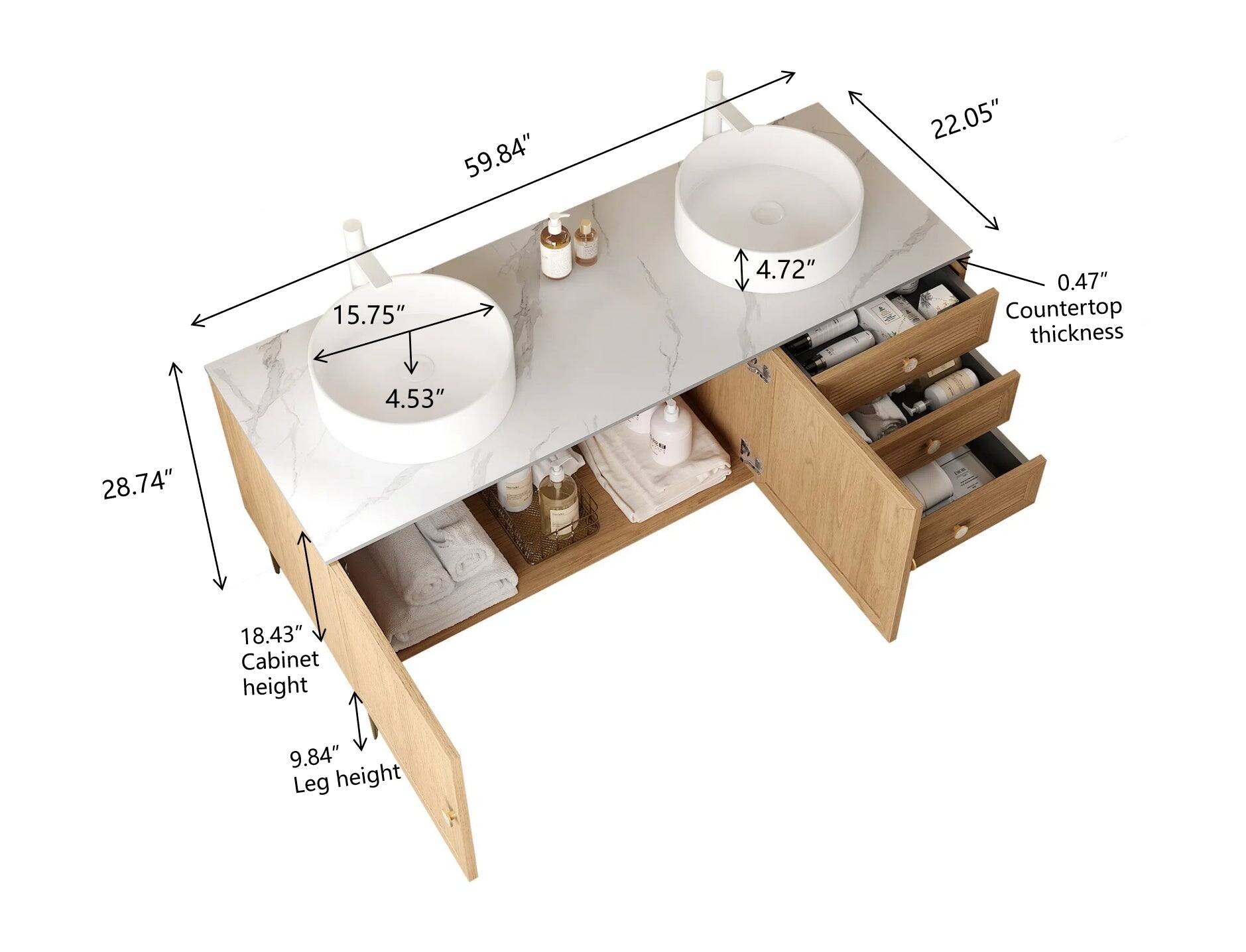 - 59.84"
- 22.05"
- 15.75"
- 4.72"
- 0.47"
- Countertop thickness: 4.53"
- Cabinet height: 18.43"
- Leg height: 9.84"