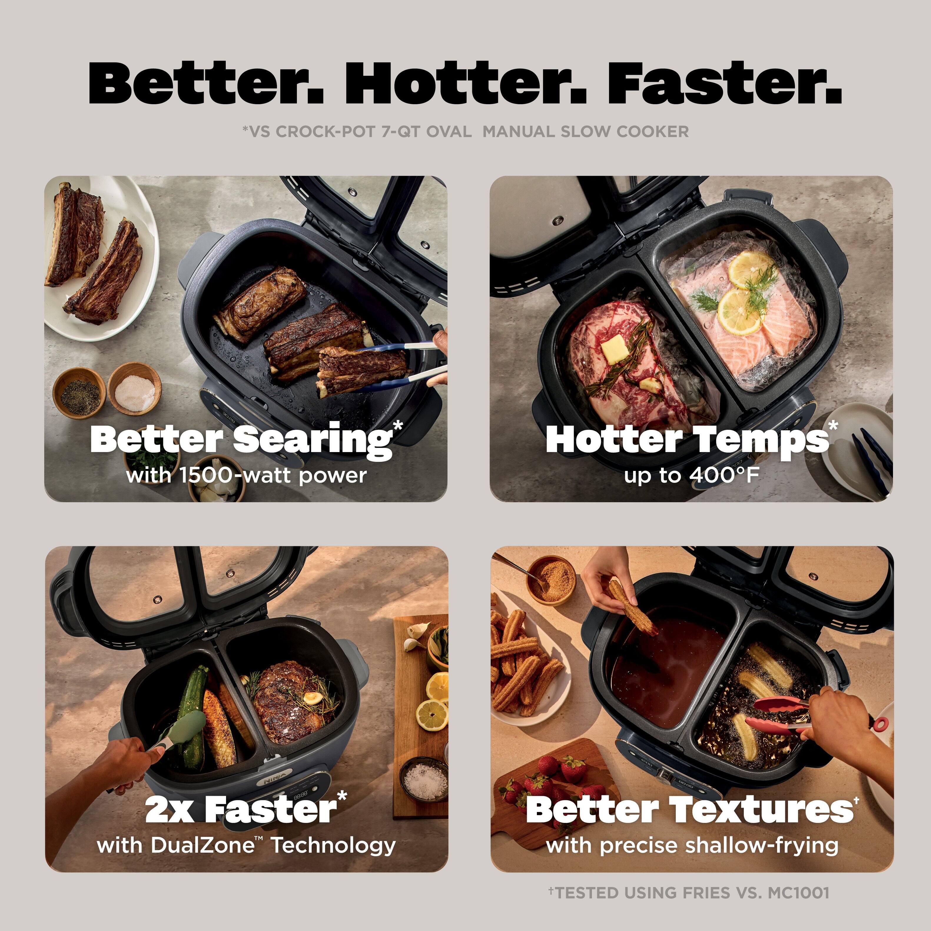 Better. Hotter. Faster.  
*VS CROCK-POT 7-QT OVAL MANUAL SLOW COOKER

Better Searing* with 1500-watt power  
Hotter Temps up to 400°F  
2x Faster with DualZone Technology  
Better Textures* with precise shallow-frying  
+TESTED USING FRIES vs. MC1001