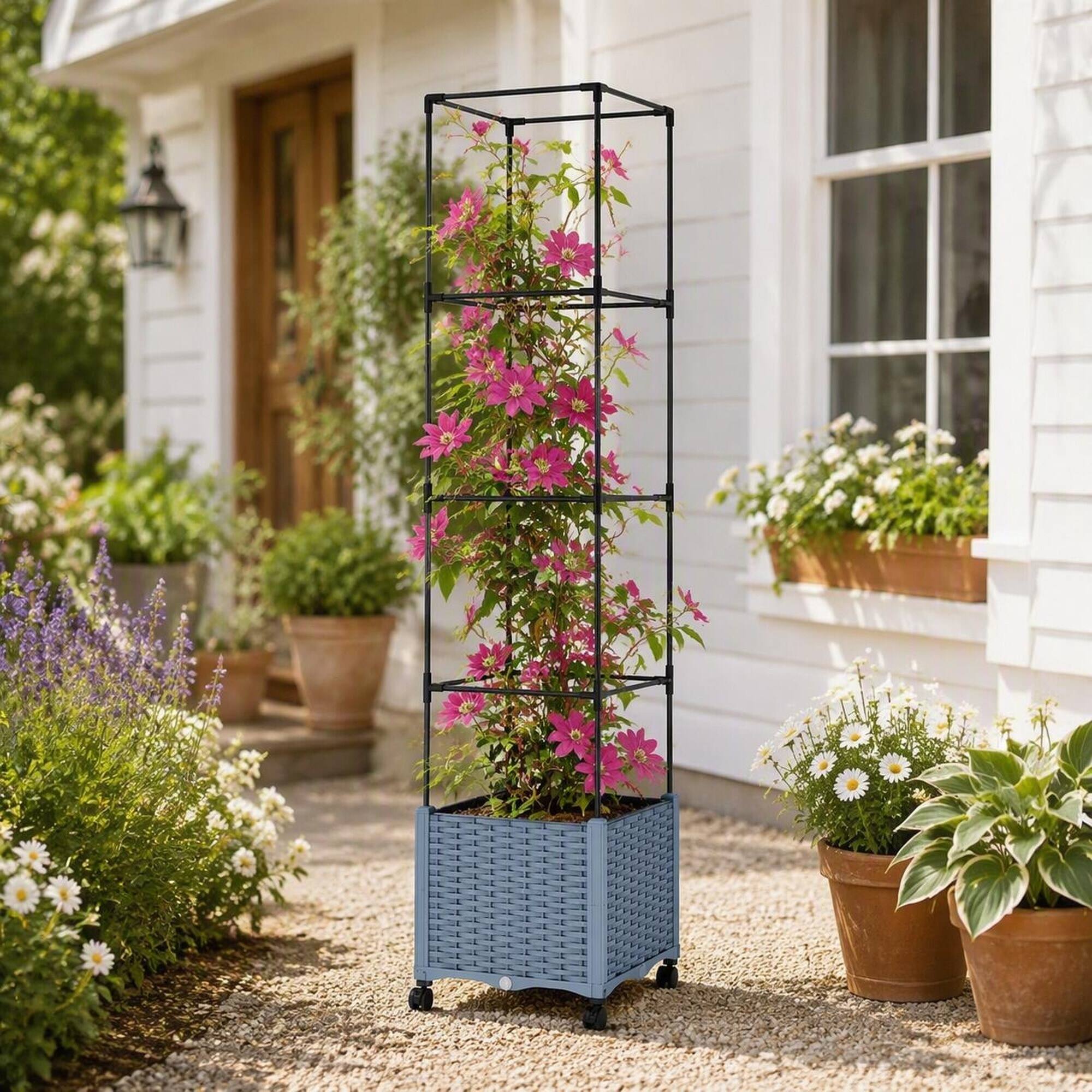 Left. RYHNUYNE - Mobile Raised Garden Bed with Adjustable Trellis, Self-Watering Planter on Lockable Wheels for Tomatoes, Peas - Gray.