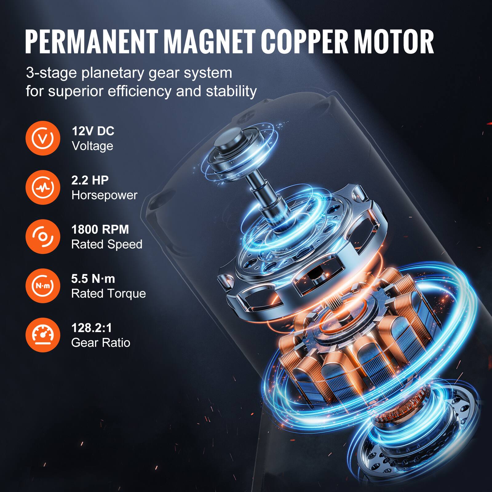 PERMANENT MAGNET COPPER MOTOR

3-stage planetary gear system for superior efficiency and stability

- 12V DC Voltage
- 2.2 HP Horsepower
- 1800 RPM Rated Speed
- 5.5 N·m Rated Torque
- 128.2:1 Gear Ratio