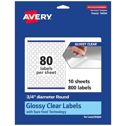 Go to avery.com/templates
AVERY
Use Avery Template Presta 94504
GLOSSY CLEAR
80 labels per sheet
10 sheets 800 labels
3/4" diameter Round Glossy Clear Labels with Sure Feed Technology for Laser/Inkjet