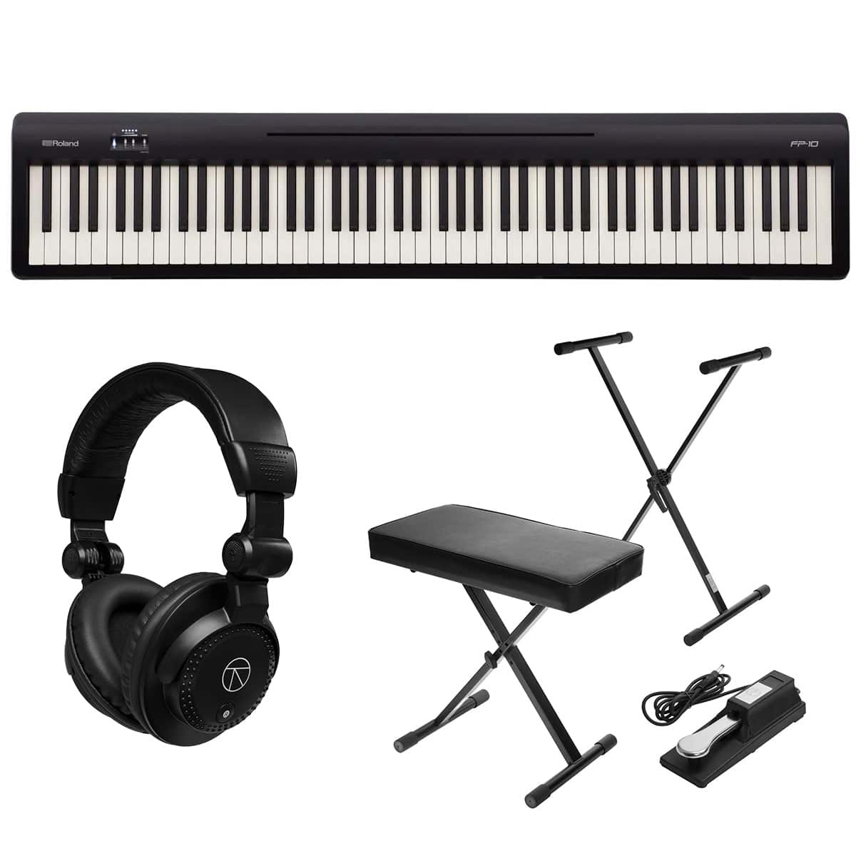 Roland - FP-10 88-Key Digital Piano, Bundle with Keyboard Stand, Keyboard & Piano Bench, Sustain Pedal , Closed-Back
